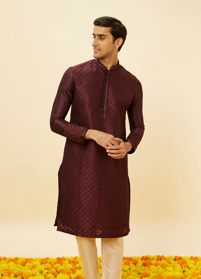Manyawar Wine Red Lattice Patterned Patra Work Kurta Set - India shopping