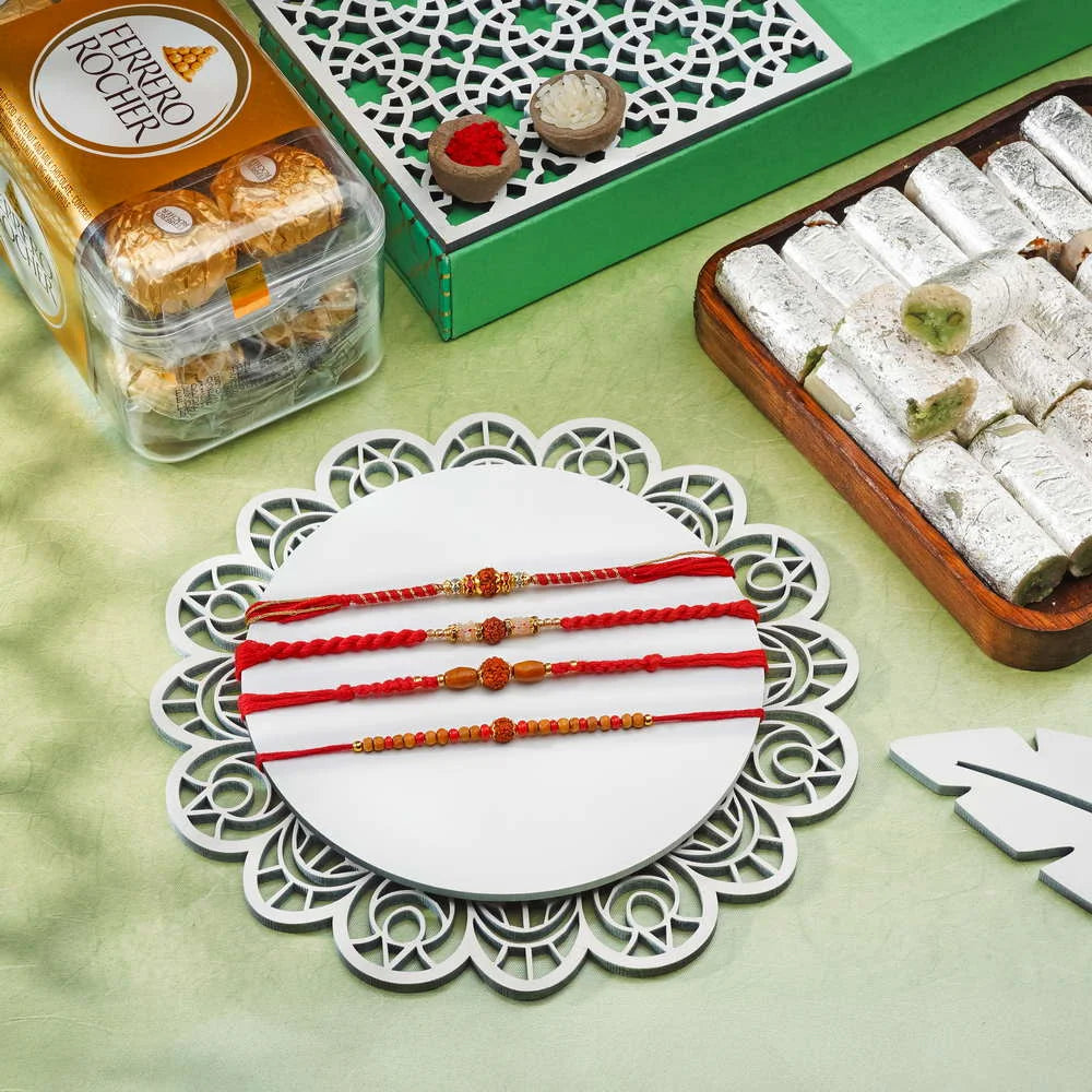 Babla Rakhi 4 Set Rakhi With Pista Roll With Ferrero Rocher ( 16 pc )