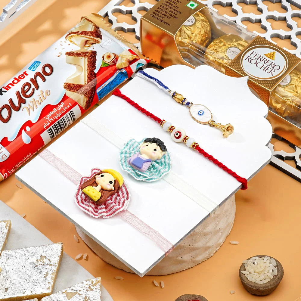 Babla Rakhi 4 Set Rakhi With Kaju Katri Kinder Bueno White Ferrero Rocher