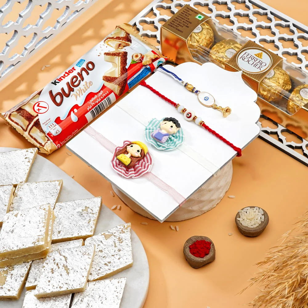 Babla Rakhi 4 Set Rakhi With Kaju Katri Kinder Bueno White Ferrero Rocher