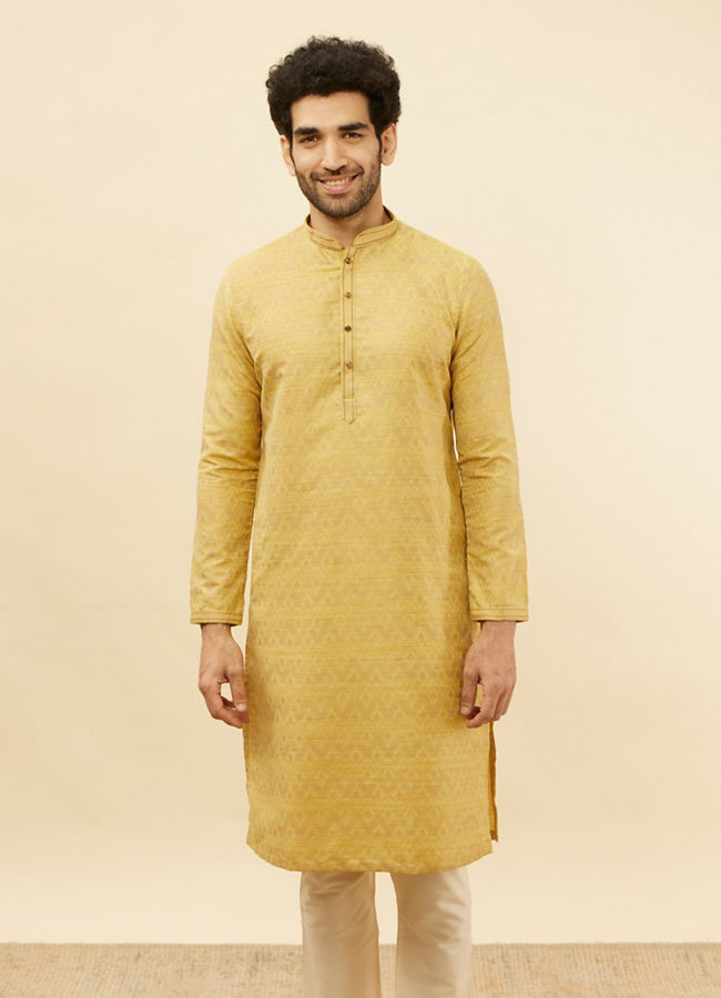 Manyawar Canary Yellow Jaal Patterned Kurta Set - India shopping