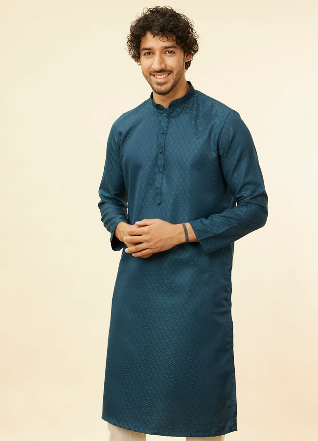 Manyawar Teal Blue Lattice Patterned Kurta Set - India shopping