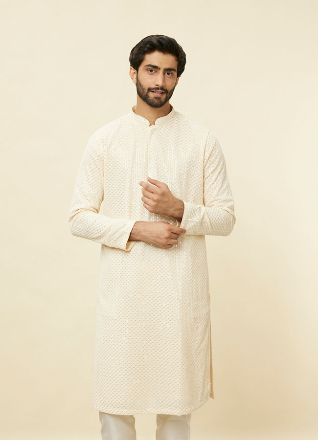 Manyawar Pearled Ivory White Chikankari Kurta Set - India shopping