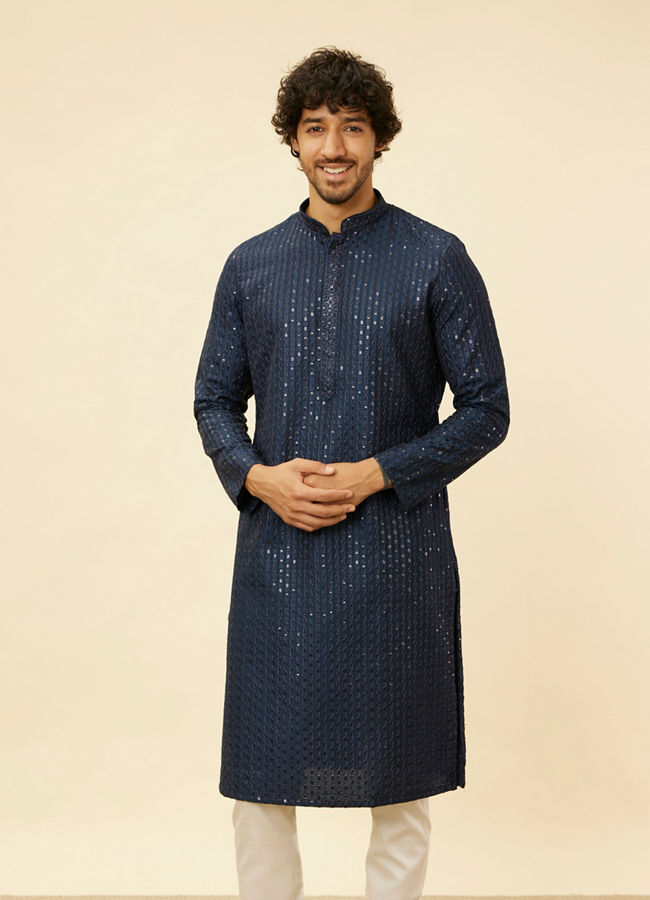 Manyawar Indigo Blue Petal String Patterned Kurta Set - India shopping