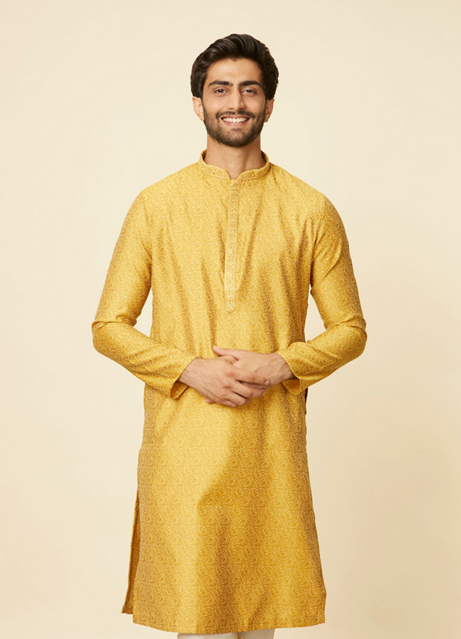 Manyawar Mustard Leaf Patterned Kurta Set - India shopping