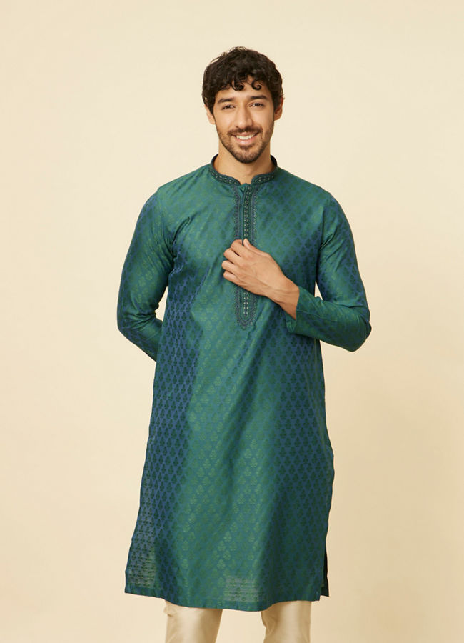 Manyawar Teal Green Sequin Embroidered Bandhgala Kurta Set - India shopping