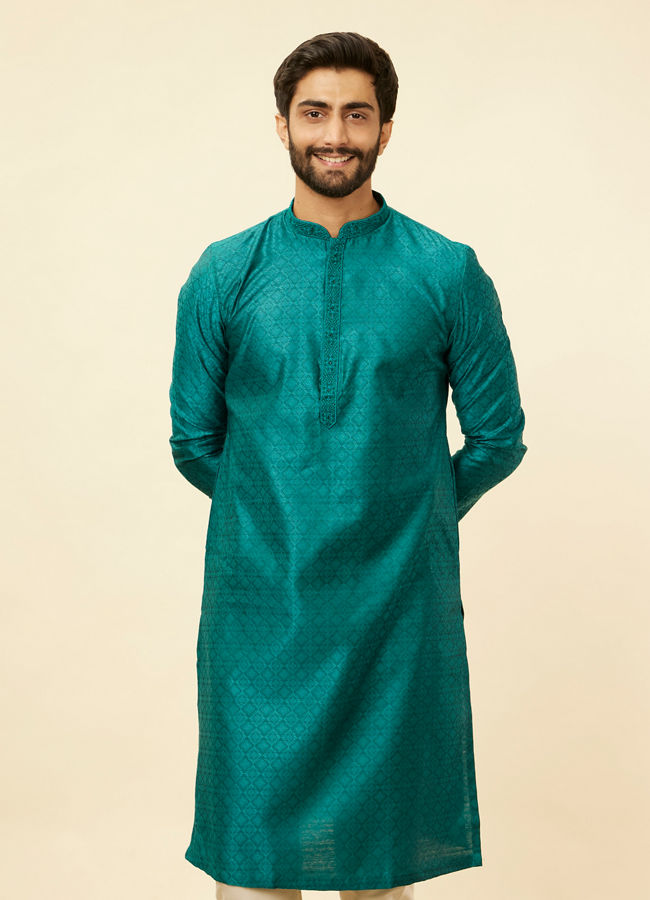 Manyawar Teal Blue Moroccan Patterned Kurta Set - India shopping