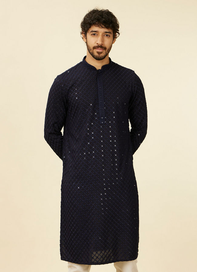 Manyawar Dark Blue Grid Patterned Chikankari Kurta Set - India shopping