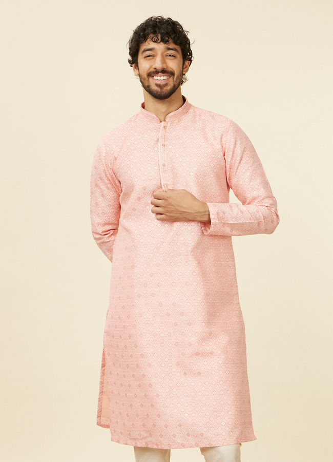 Manyawar Coral Pink Buta Patterned Kurta Set - India shopping
