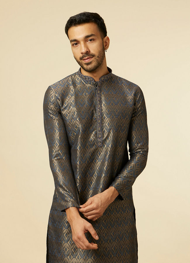 Manyawar Dark Blue Diamond Patterned Kurta Set - India shopping