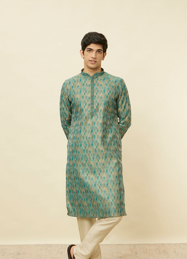 Manyawar Teal Green Ogee Patterned Kurta Set - India shopping