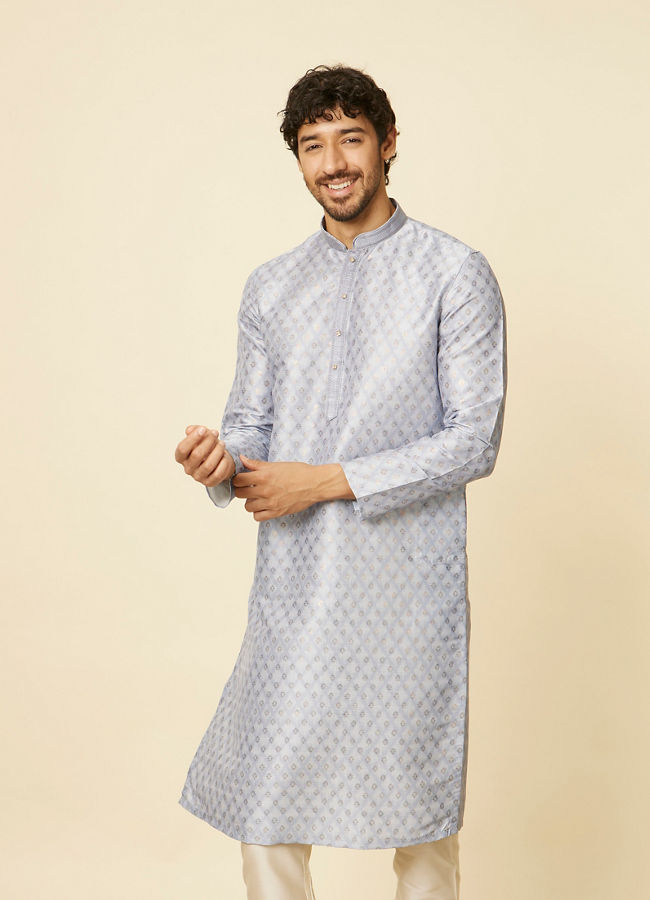 Manyawar Light Grey Grid Patterned Kurta Set - India shopping