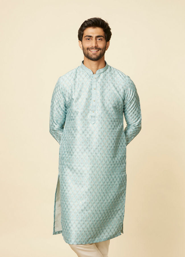 Manyawar Aqua Green Grid Patterned Kurta Set - India shopping