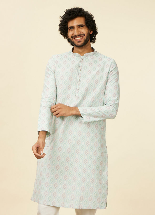 Manyawar Light Blue Medallion Patterned Kurta Set - India shopping