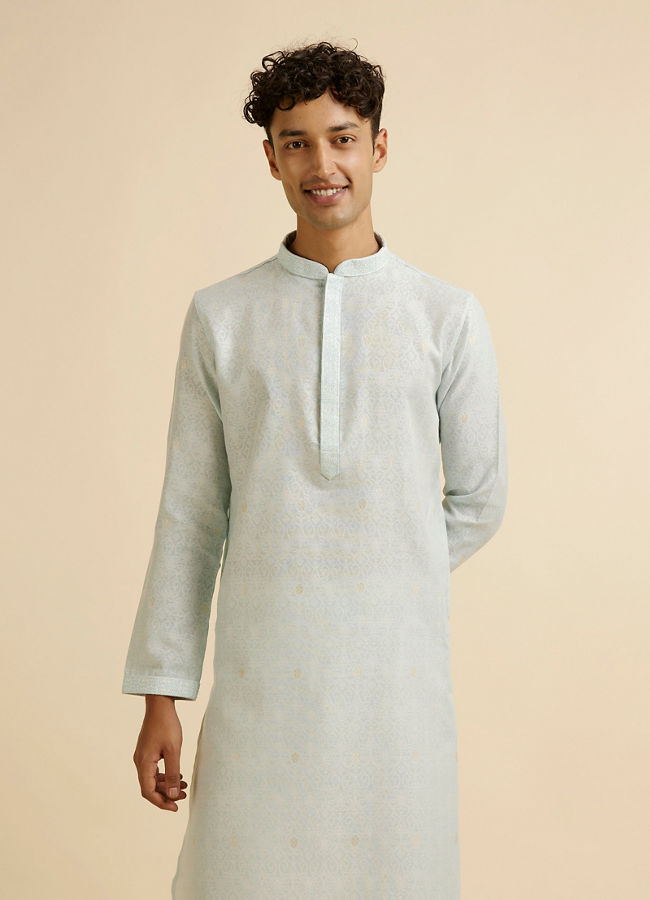 Manyawar Light Blue Dotted Print Self Patterned Kurta Set - India shopping