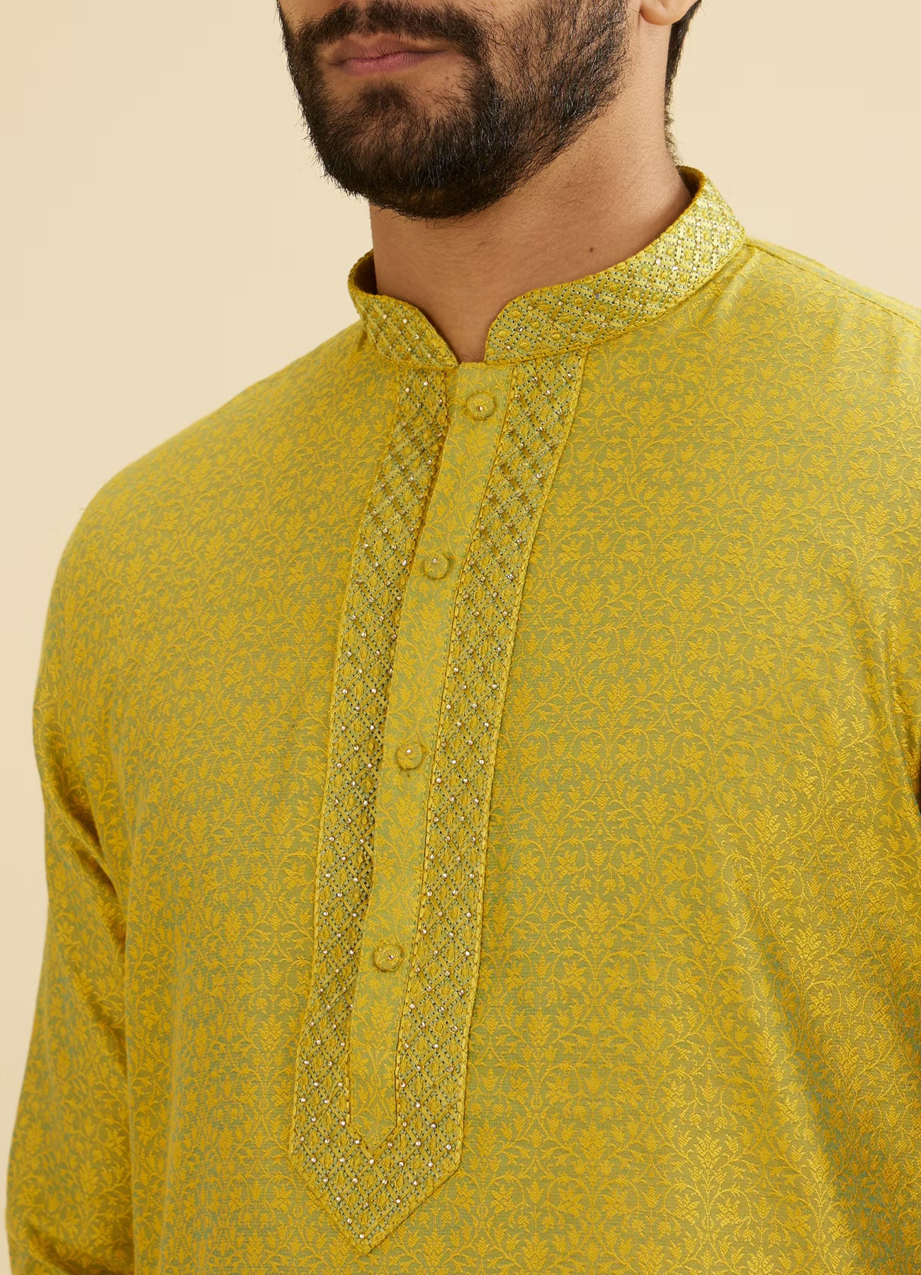 Manyavar Mehndi Green Bel Buti Patterned Kurta Set | Ready To Wear