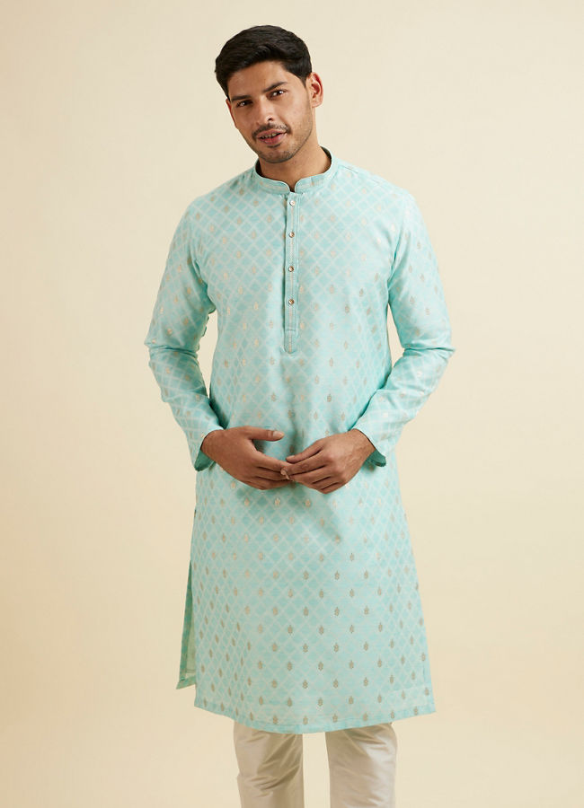 Manyawar Green Cotton Foil Print Embroidered Kurta Set - India shopping