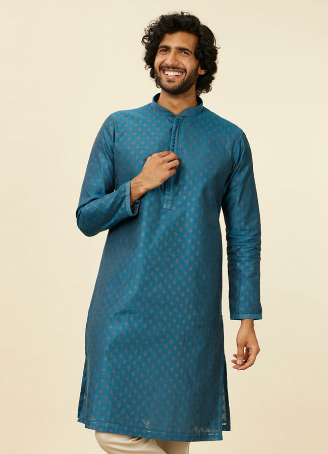Manyawar Teal Blue Kurta Set with Buta Motifs - India shopping