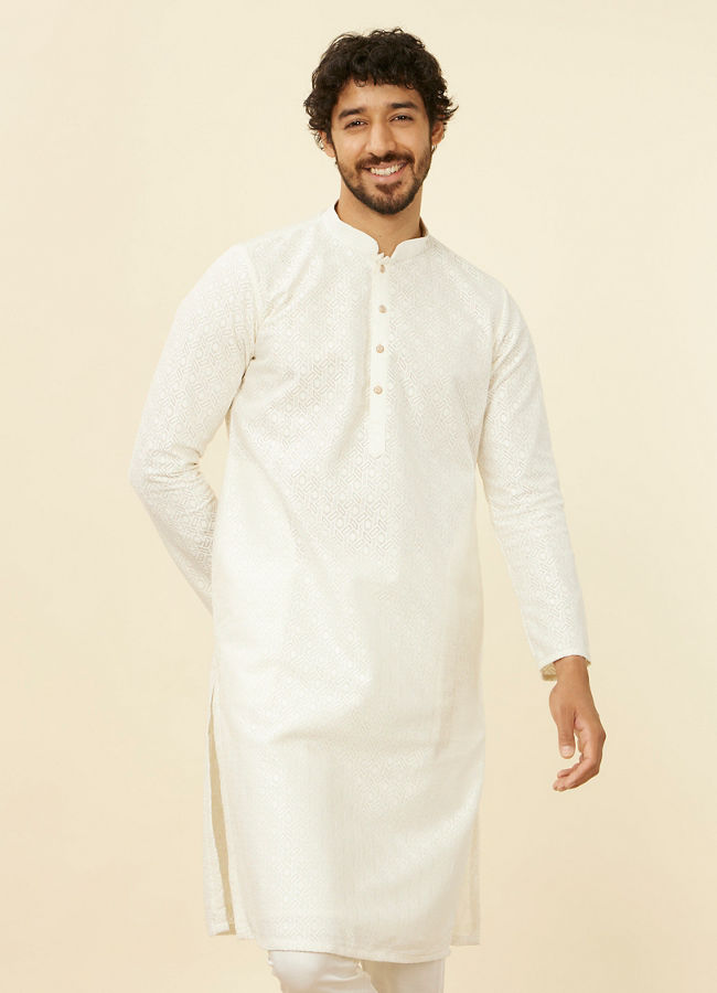 Manyawar Ivory Cream Self Patterned Kurta Set - India shopping