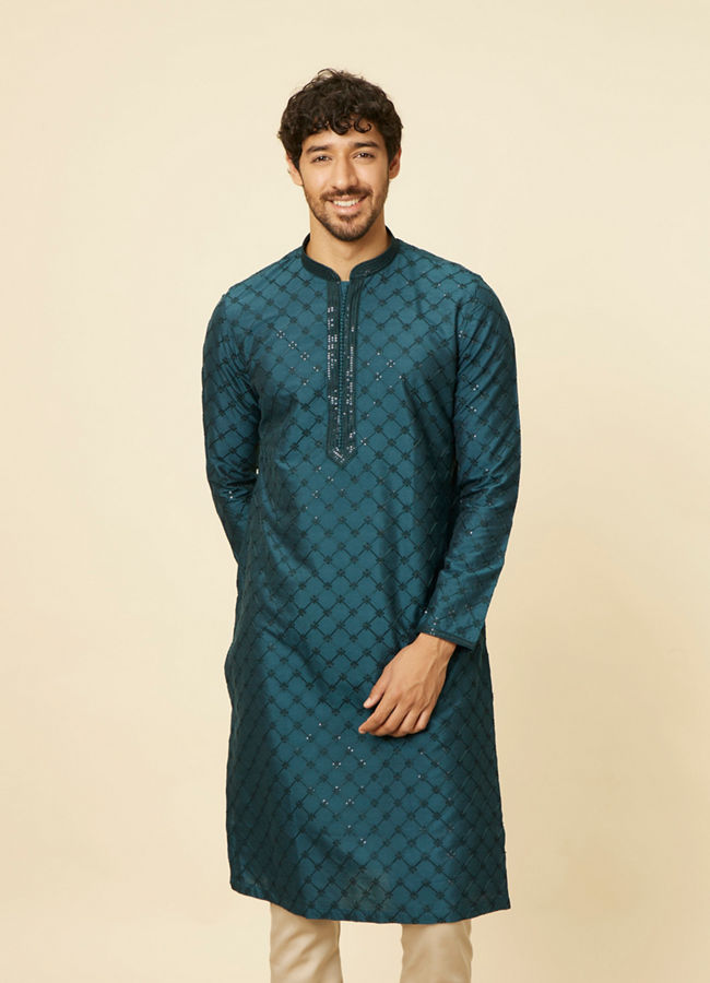 Manyawar Teal Blue Self Patterned Sequined Bandhgala Kurta Set - India shopping