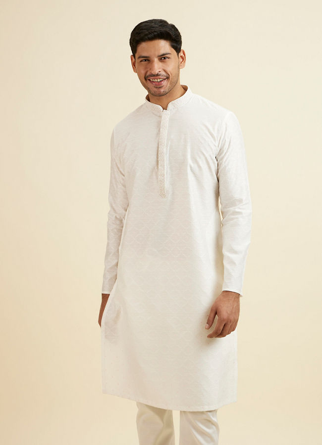 Manyawar White Jaal & Medallion Patterned Kurta Set - India shopping