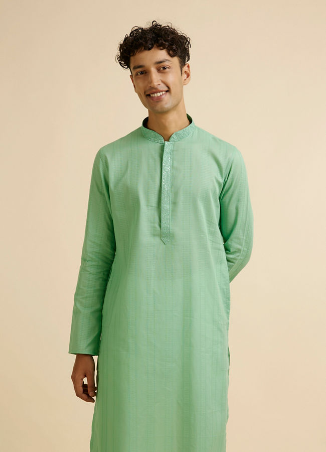 Manyawar Light Mid Green Self Patterned Kurta Set - India shopping