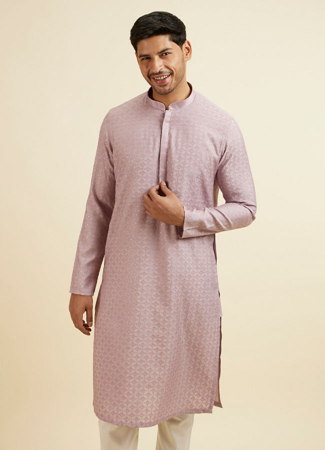 Manyawar Lilac Jaal Patterned Sequined Kurta Set - India shopping