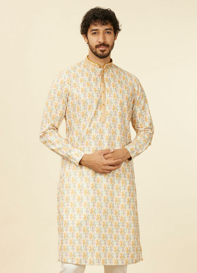 Manyawar Soft Beige Paisley Patterned Kurta Set - India shopping