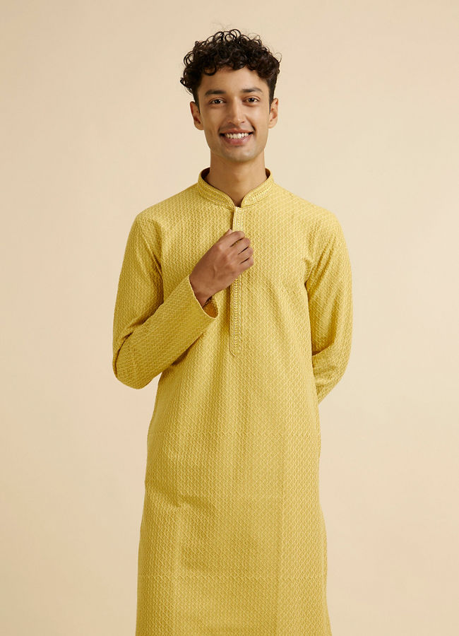 Manyawar Mustard Yellow Grid Jaal Patterned Kurta Set - India shopping