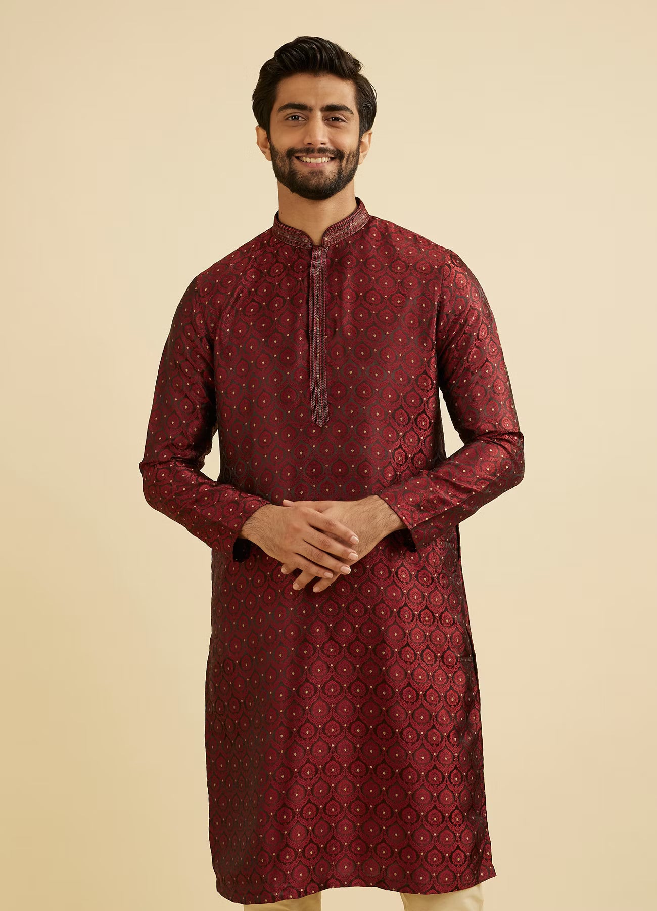 Manyavar Maroon Red Jaal Medallion Patterned Kurta Set | Ready To Wear