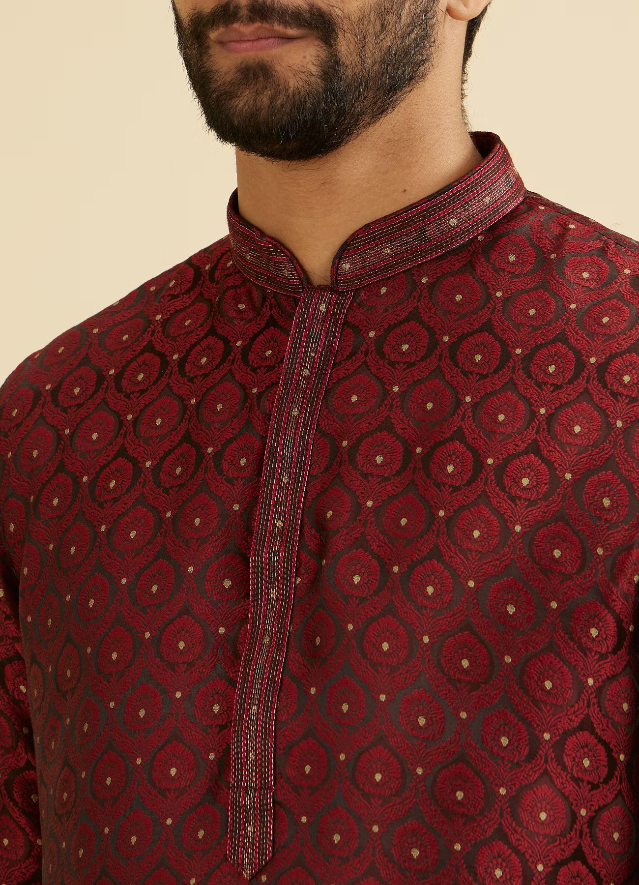Manyavar Maroon Red Jaal Medallion Patterned Kurta Set | Ready To Wear