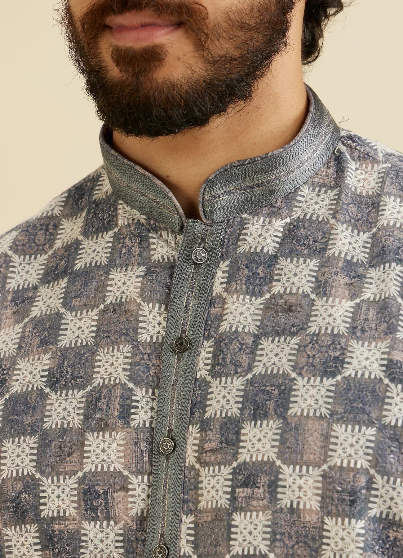 Manyavar Grey Chikankari Printed Kurta Set With Striped Collar | Ready To Wear