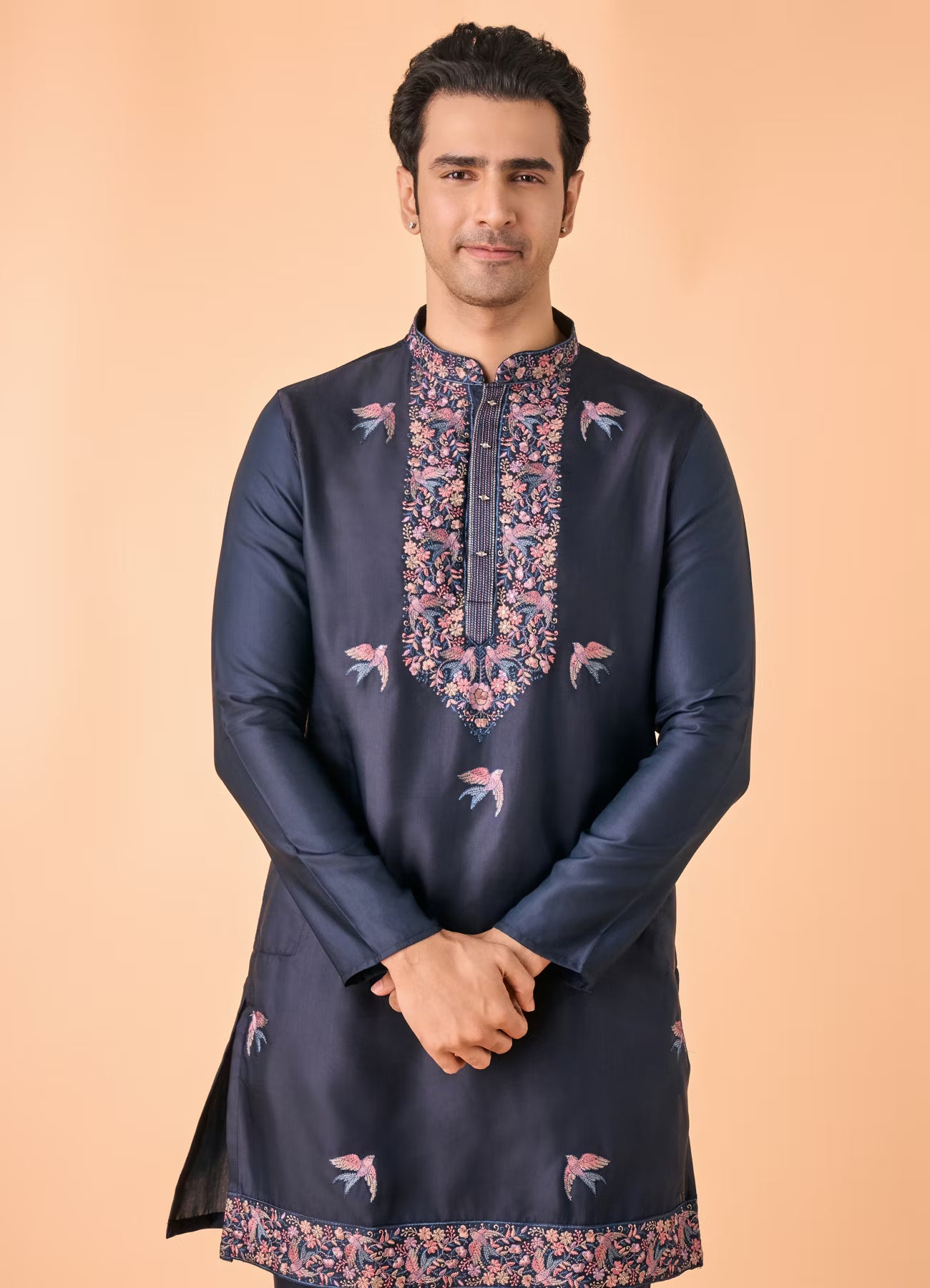 Manyavar Vibrant Dark Blue Satin Kurta Pajama | Ready To Wear