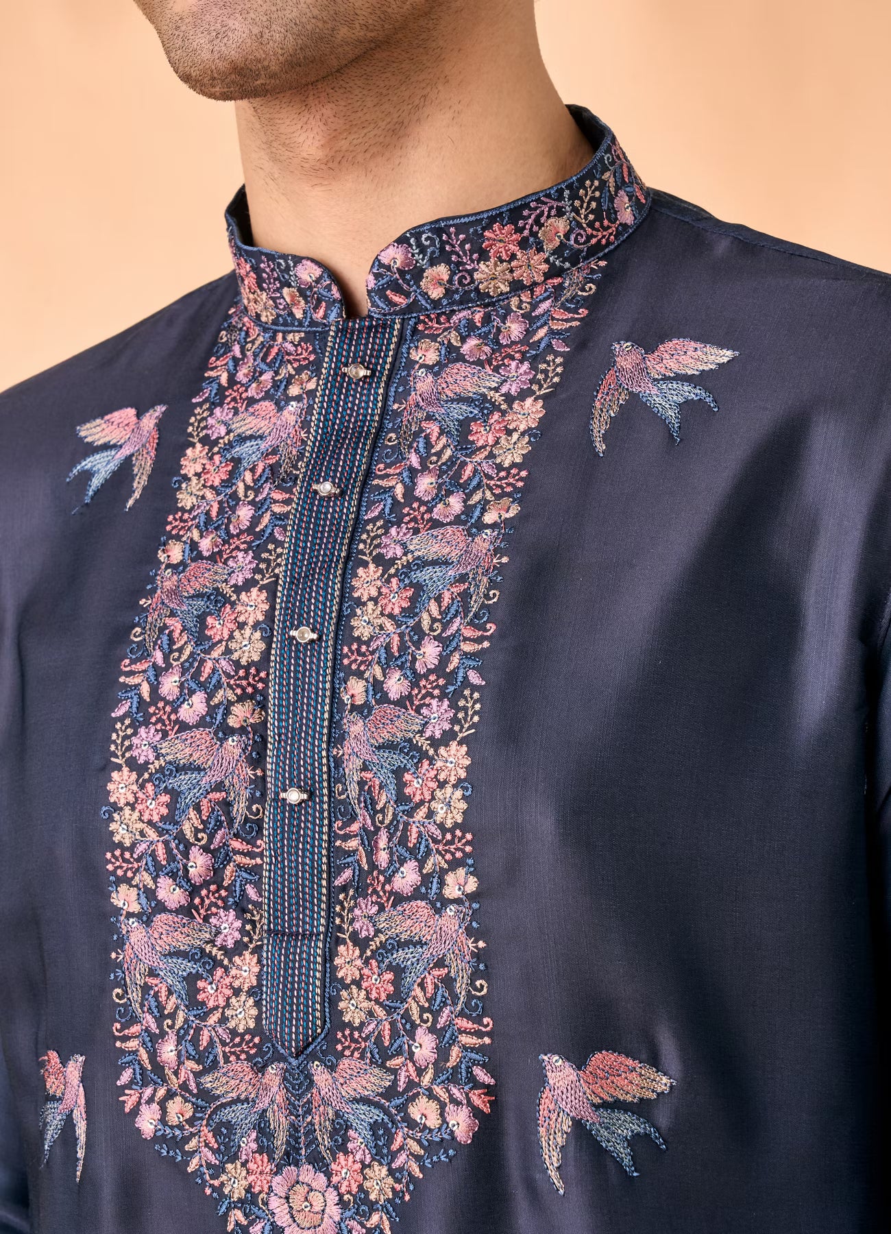 Manyavar Vibrant Dark Blue Satin Kurta Pajama | Ready To Wear