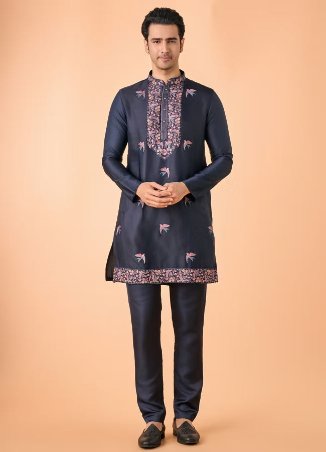 Manyavar Vibrant Dark Blue Satin Kurta Pajama | Ready To Wear