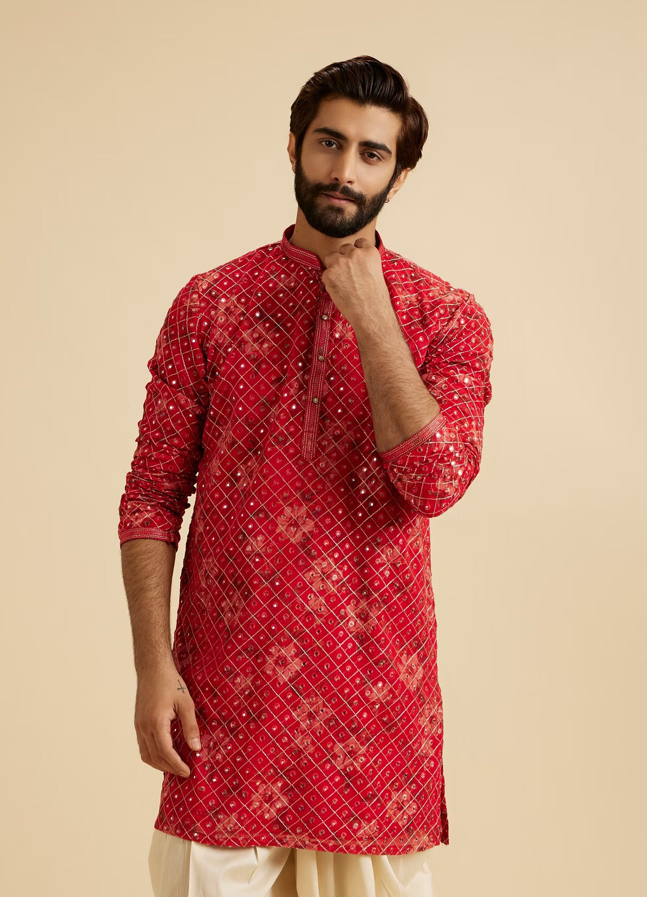 Manyavar Regal Red Kurta Pajama Set | Ready To Wear