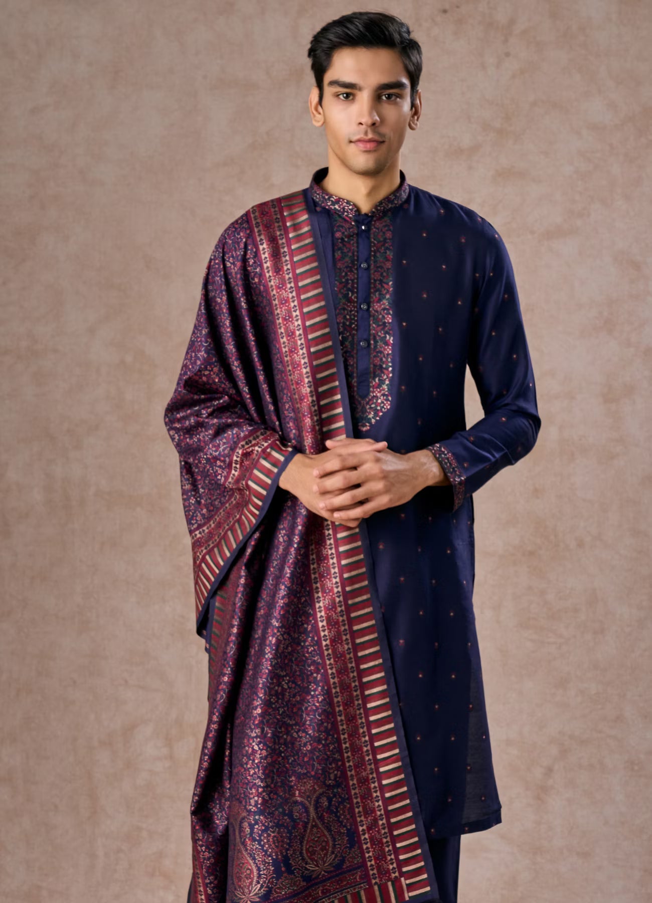 Manyavar Dark Blue Celebration Kurta Pajama Dupatta | Ready To Wear
