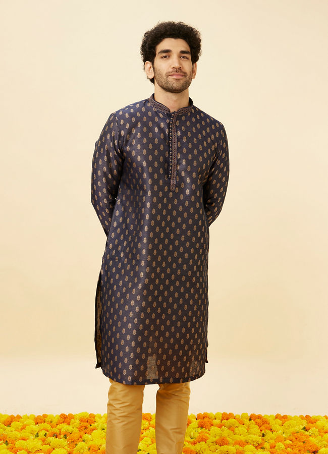 Manyawar Imperial Blue Floral Buta Patterned Kurta Set - India shopping