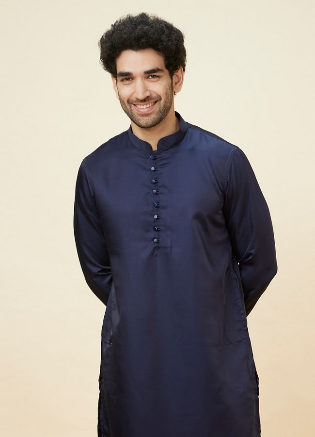 Manyawar Dark Blue Loop Buttoned Classic Kurta Set - India shopping