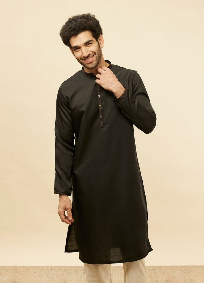 Manyawar Midnight Black Embroidered Neckline Kurta Set - India shopping