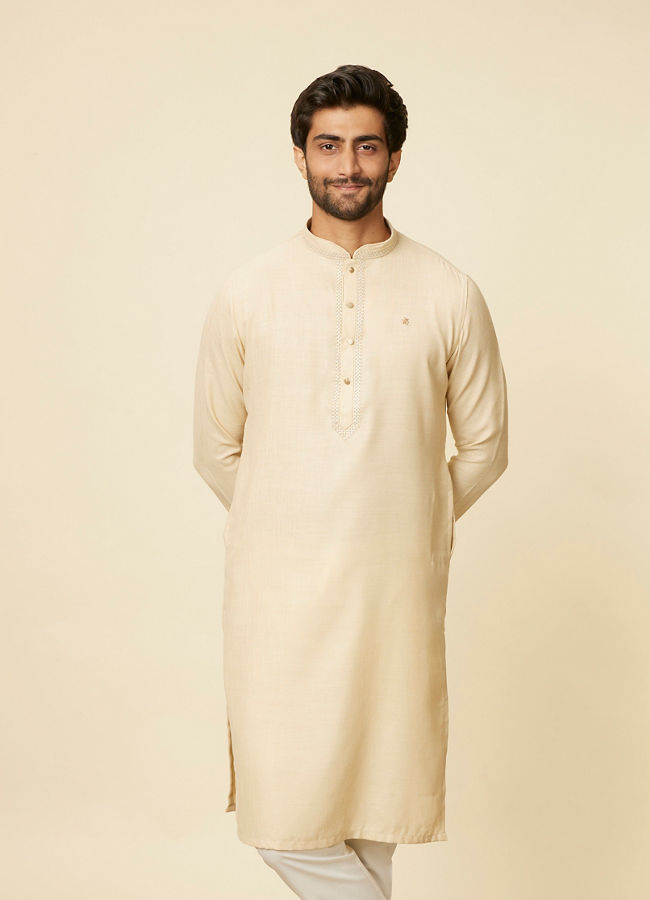 Manyawar Soft Beige Embroidered Neckline Kurta Set - India shopping