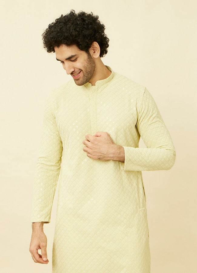 Manyawar Tea Green Chikankari Embroidered Kurta Set - India shopping