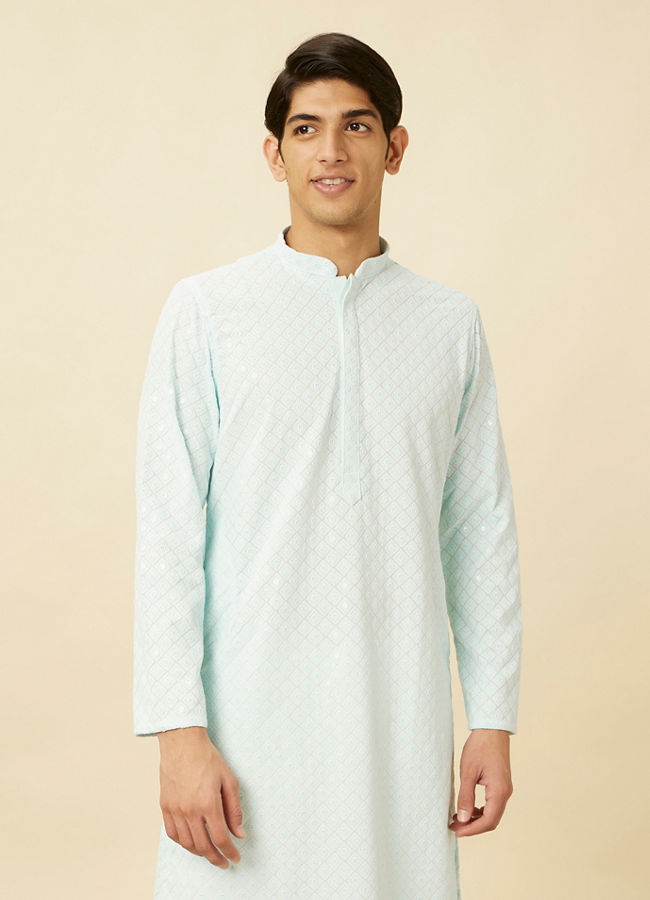 Manyawar Powder Blue Chikankari Embroidered Kurta Set - India shopping