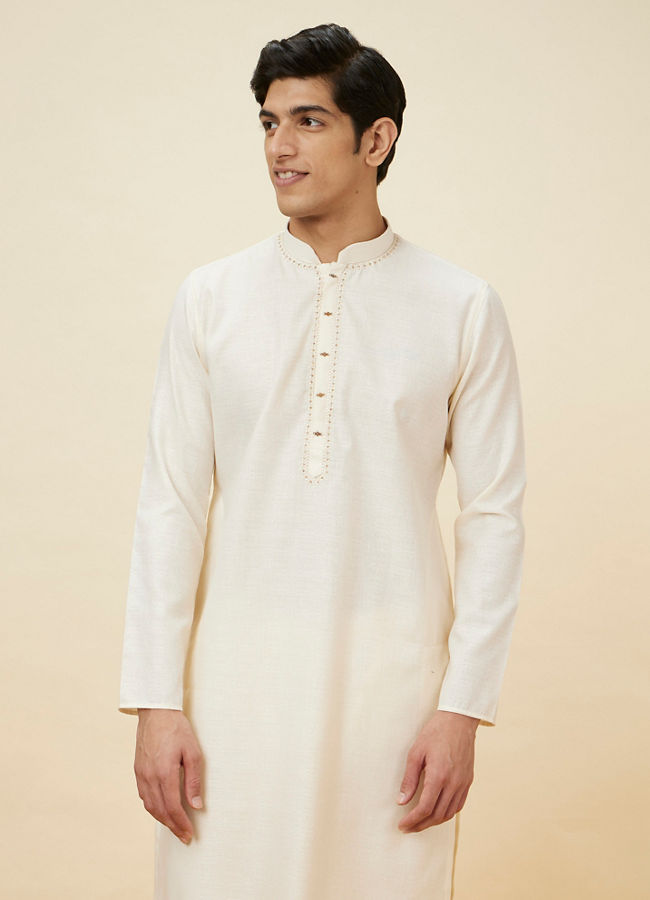 Manyawar Seashell White Embroidered Neckline Kurta Set - India shopping