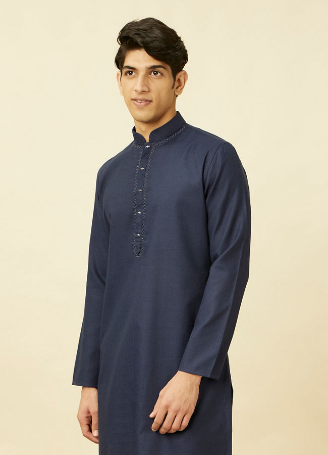 Manyawar Navy Blue Ogee Patterned Kurta Set - India shopping