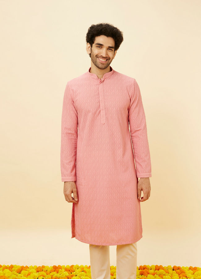Manyawar Sherbet Pink Fern Jaal Patterned Kurta Set - India shopping