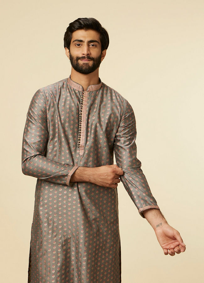 Manyawar Pebble Grey Buta Printed Kurta Set - India shopping