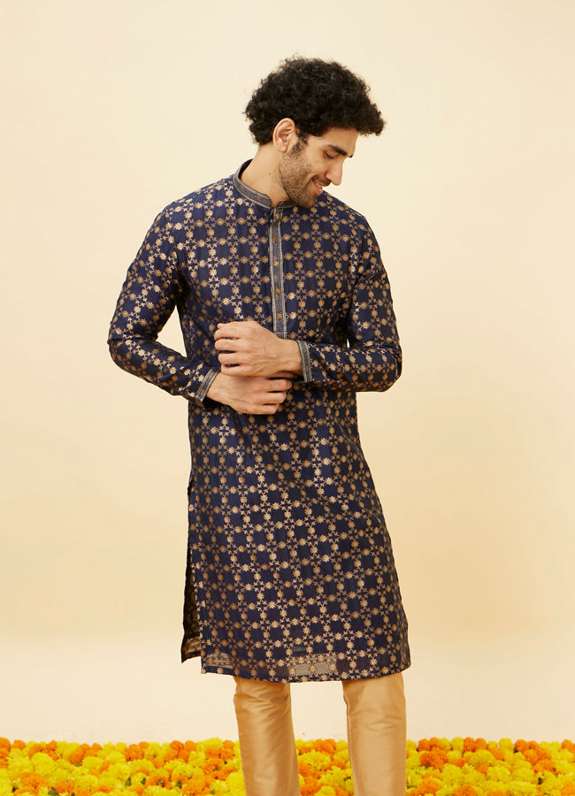 Manyawar Berry Blue Floral Jaal Patterned Kurta Set - India shopping