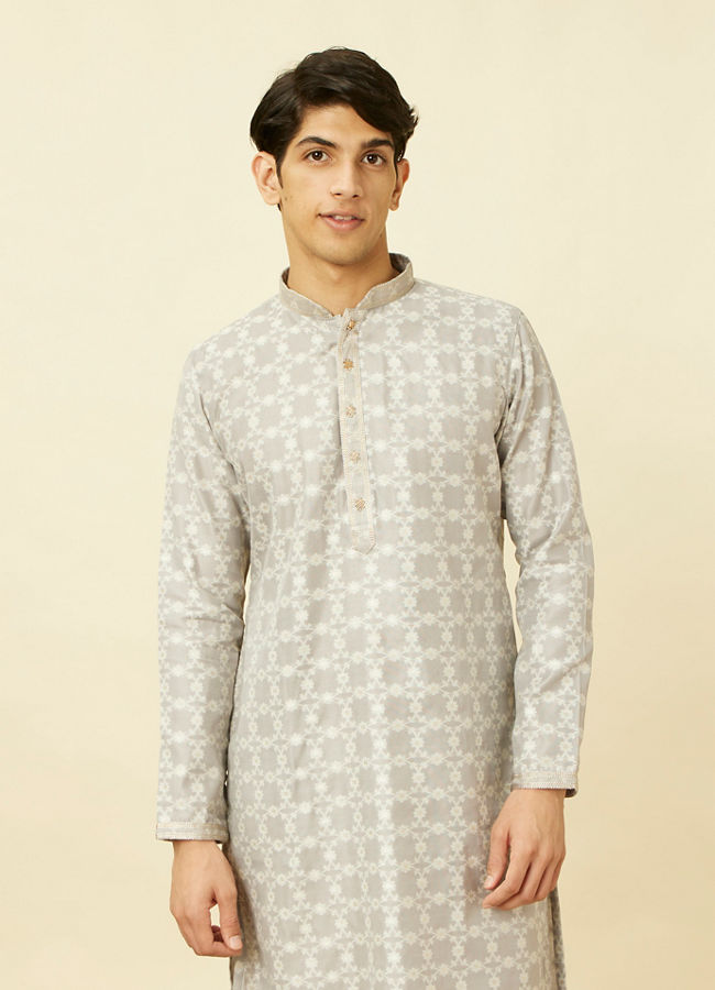 Manyawar Pearl River Grey Floral Patterned Kurta Set - India shopping