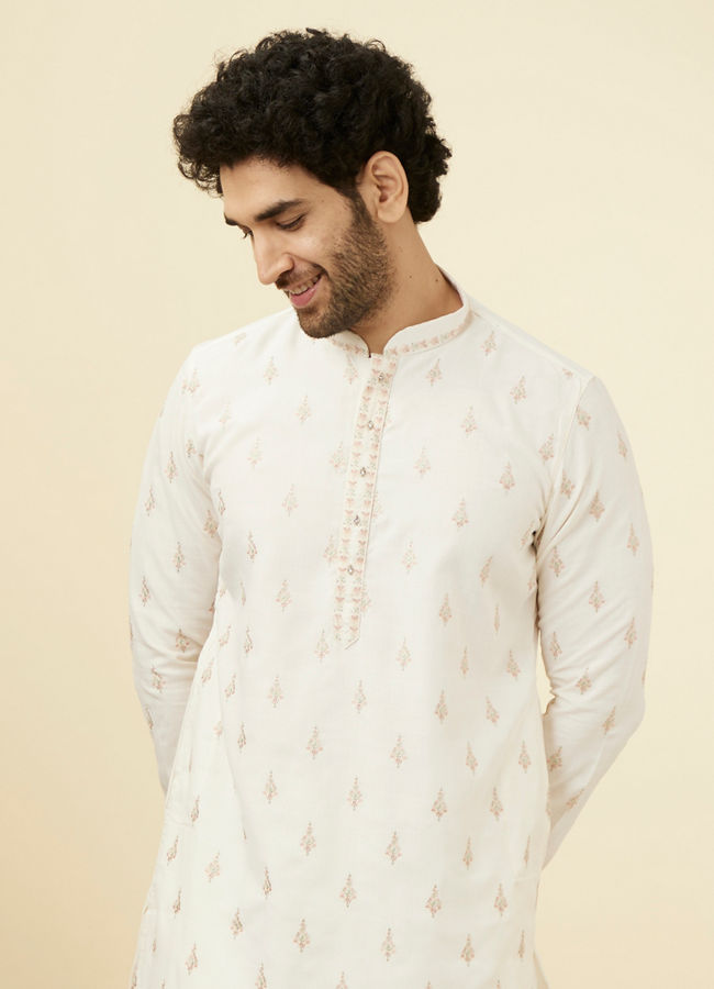 Manyawar Light Cream Thread Embroidered Kurta Pajama - India shopping